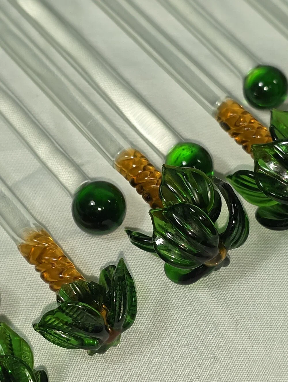 Vintage Hand Blown Glass Palm Tree Cocktail Stir Sticks Tiki Barware Set of 10